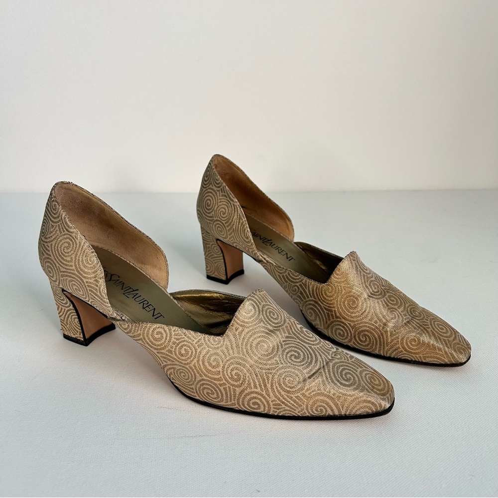 Vintage Yves Saint Laurent Pumps d’Orsay Gold Swing Brocade Block Heel Women’s 9